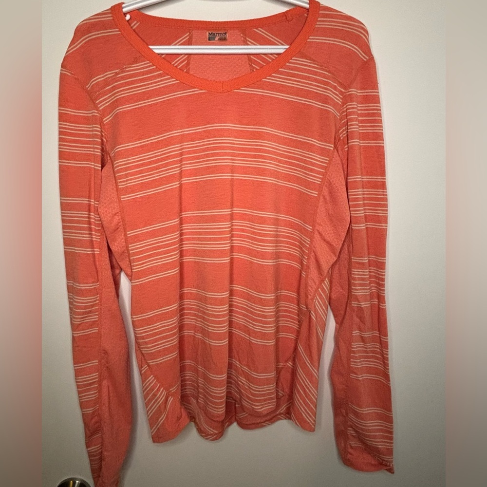 Marmot Women's Coral and Cream Striped Long-Sleeve Tee Size L